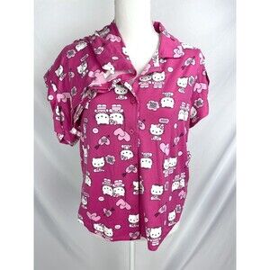 Hello Kitty Women 2 pc PJ Pajama Set Large Button Shirt Shorts Valentines Day